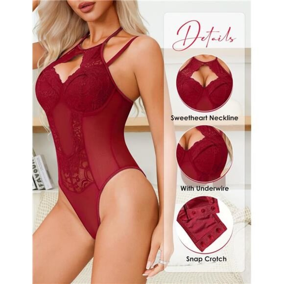 Women Teddy Lingerie Sexy Snap Crotch Lace Bodysuit Red - Picture 2 of 6